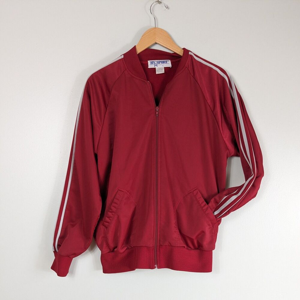 Vintage Striped Track Jacket L Red Zip 80s Sport Soccer Blokecore Athletic